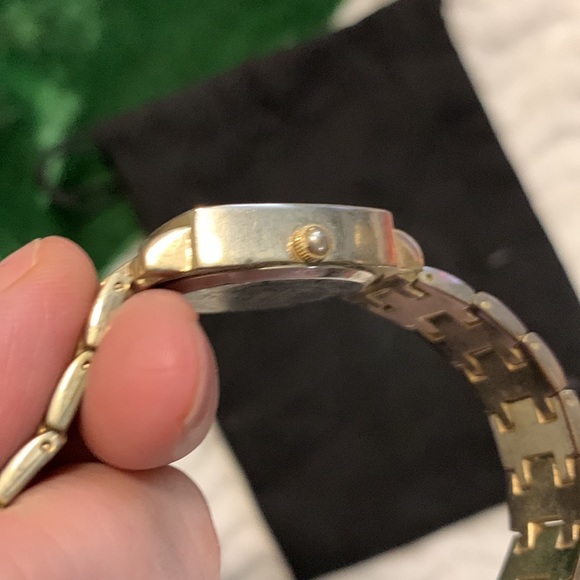 VINTAGE Gold-tone Linked Watch•By Figaro Couture•CZ Paved Pearly-Square Face - Picture 4 of 12